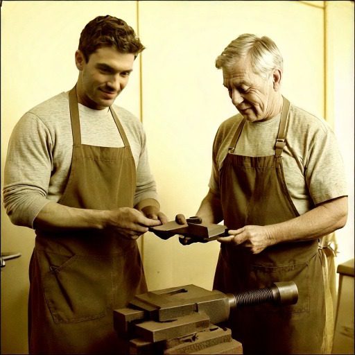 Deux artisans en tablier, de générations différentes, concentrés sur un geste technique — image illustrant la transmission des savoir-faire et la valorisation des métiers manuels.