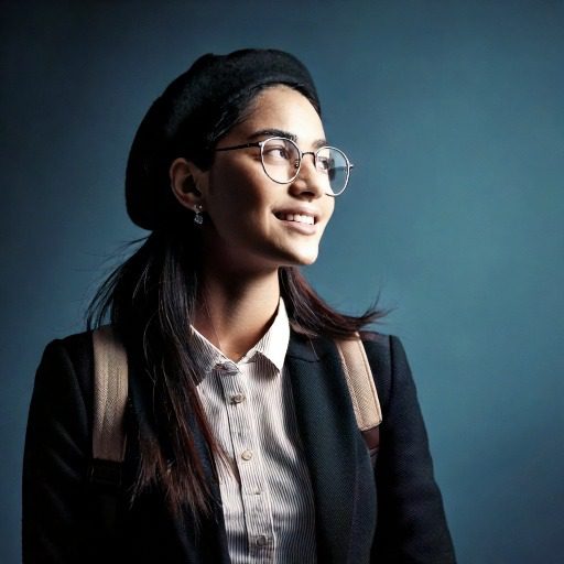 Jeune femme souriante portant des lunettes et un béret, regardant vers la droite sur fond bleu-gris — image évoquant la confiance, l’élégance et l’ouverture d’esprit.