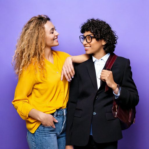 Deux jeunes adultes souriants, en tenue professionnelle et décontractée, se regardent avec complicité sur fond violet — image symbolisant l’échange, la diversité et la bienveillance.